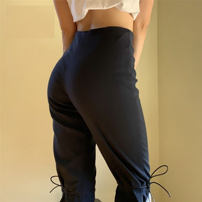 Black Lace Up Split Flare Pants Women Trousers Streetwear Fashion Sexy High Waisted Pants Indie