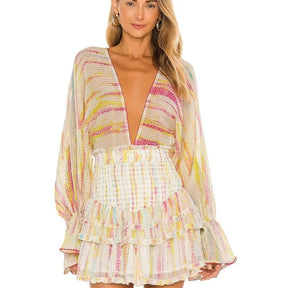 Summer Holiday Vocation Long Sleeve Sexy V-neck Ruffled A-line Beach Playsuit with Headband