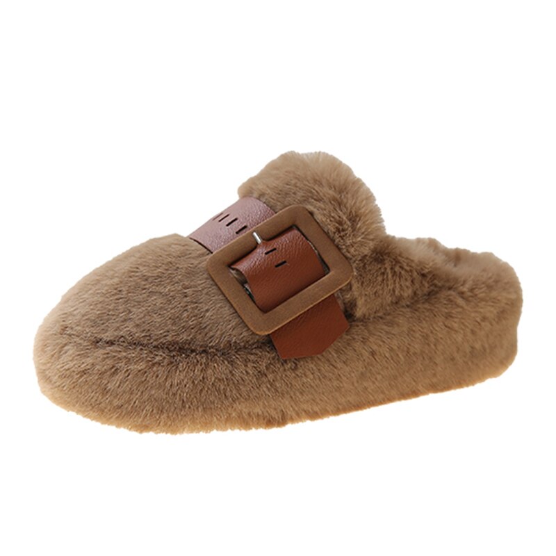 Winter Flats Women Slippers Fur Luxury Buckle Platform Mules Shoes Warm Short Plush Cotton Flip-flops 2022 New Snow Women Boots