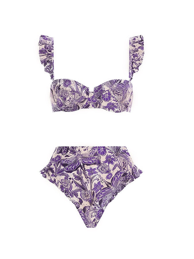 Fashion Purple Print Sexy Gathering Swimsuit Split Slim High Waist Cropped Bikini Backless Chic Beachwear 2022 Seamless Splicing