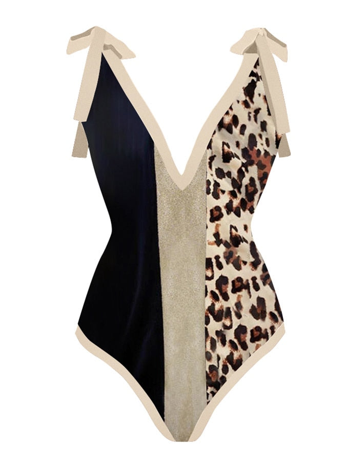 Vintage V-Neck Leopard Colorblock Print One-Piece Swimsuit Female Retro Swimsuit Designer Bathing Suit Summer Surf Wear