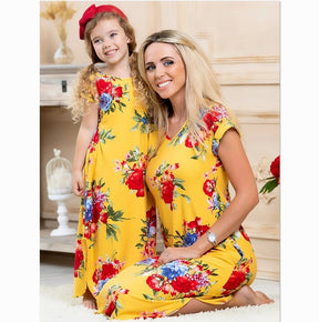 Matching Family Outfits Floral Print Mother and Daughter Bohimian Long Dress Short Sleeve Mommy and Me Clothes Women Girl