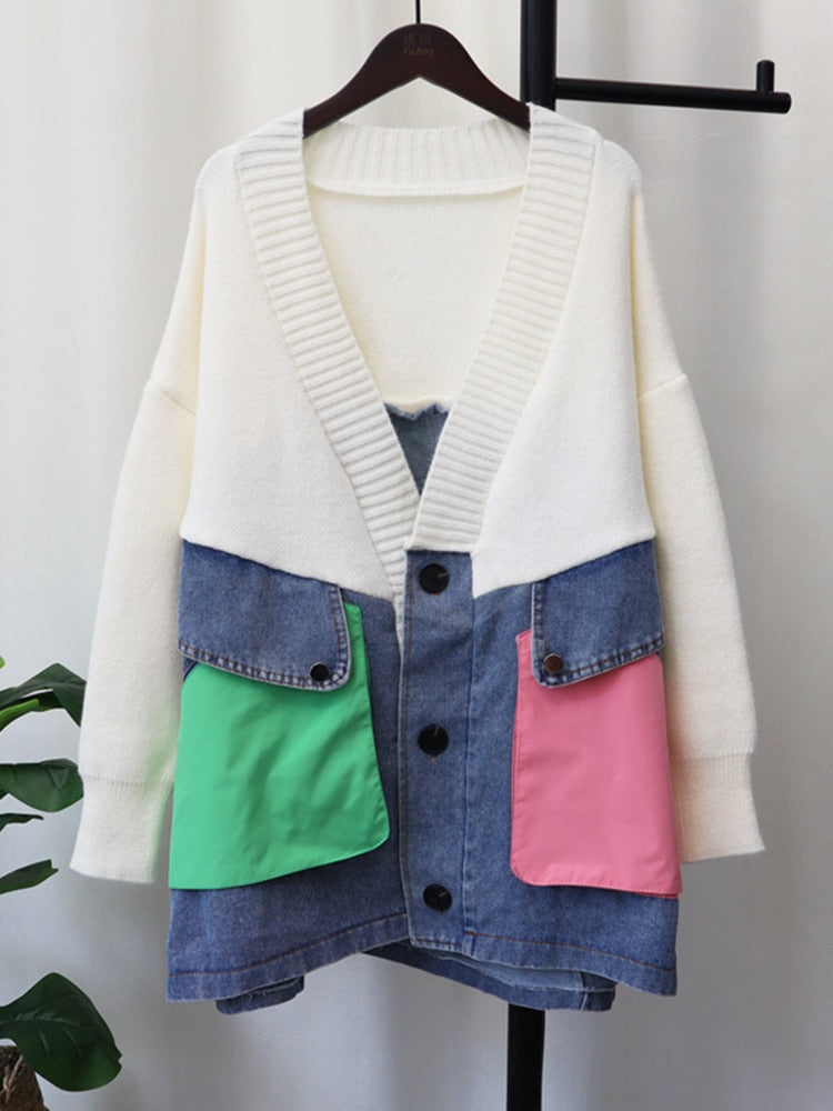 Denim Patchwork Knitted Sweaters For Women V Neck Color Block Loose Female Outwear Clothing 2022 Winter