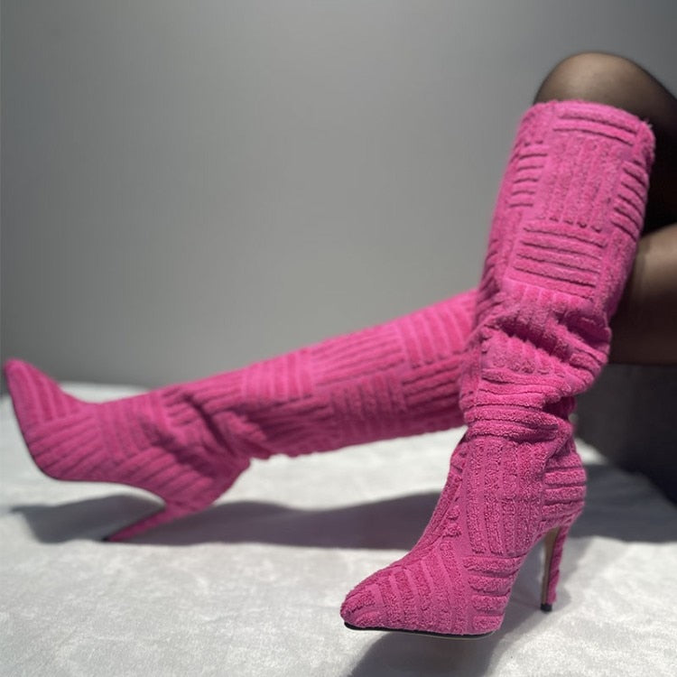 New orange pointed knee boots cloth flannelette high heels boots rectangular stripe stitching fashion