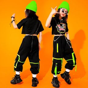 Girls Hip Hop Cargo Pants Goth Crop Top 2 Pcs Set Sweatshirt Children Street Dance Clothing Kids Jazz Gothic Costumes Streetwear