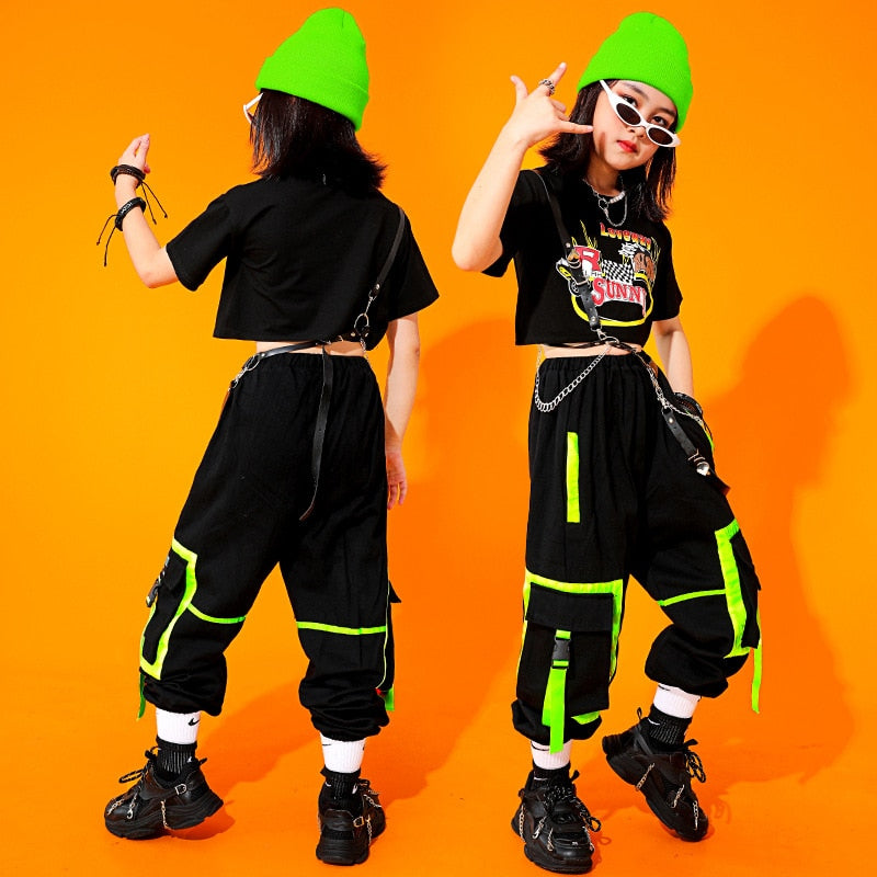 Girls Hip Hop Cargo Pants Goth Crop Top 2 Pcs Set Sweatshirt Children Street Dance Clothing Kids Jazz Gothic Costumes Streetwear