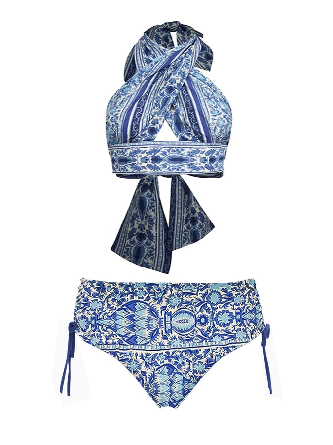 Blue Halter Print Bikini Swimsuit Female Retro Swimsuit 2 Pieces Holiday Beach Dress Designer Bathing Suit Summer Surf Wear