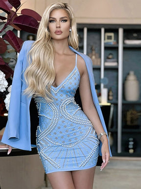 Sexy Spaghetti Strap Luxury Diamond Beaded Bodycon Bandage Dress Summer Blue V Neck Mini Dress Celebrity Party Evening Dress