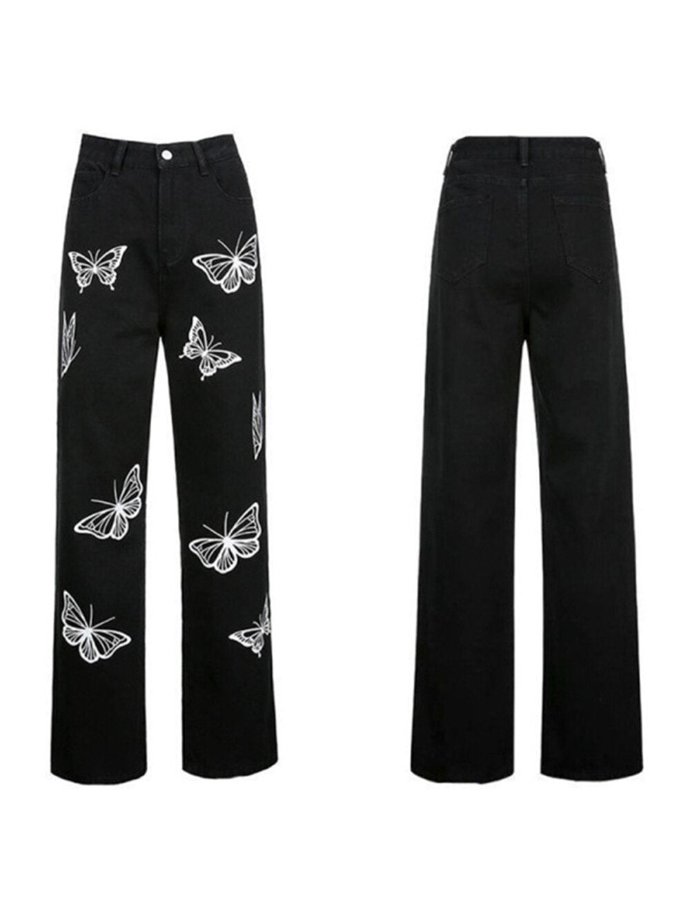 Fashion Women High Waist Jeans Butterfly Printing Denim Pants Black Women Streetwear Baggy Straight Mom Denim Trousers