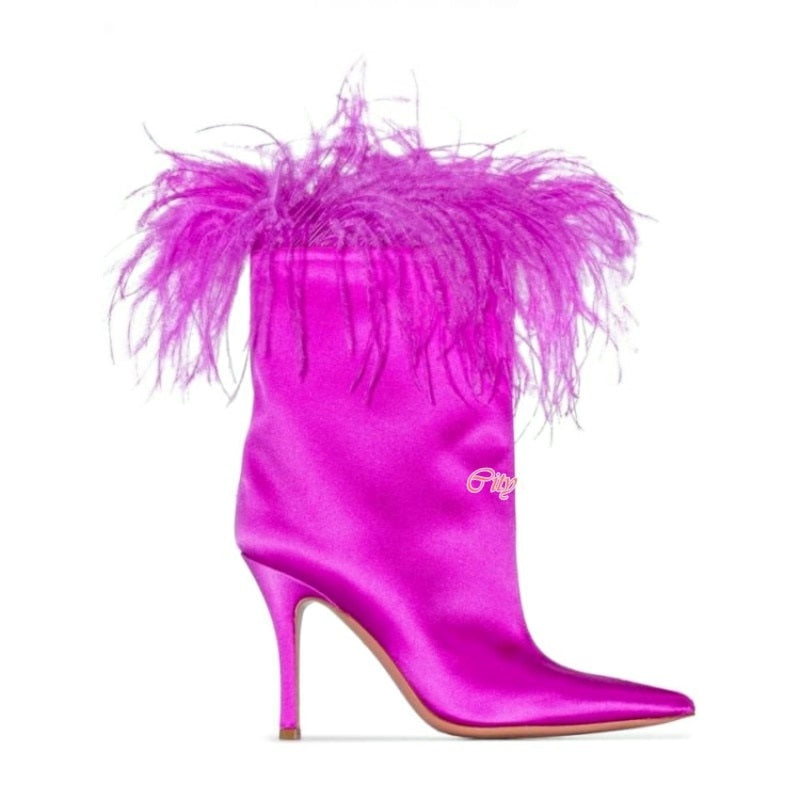 Pointed Toe Plain Satin Slip-On Western Boots Fuchsia，Black Stilettos Ostrich Feather High Heel Ankle Booties Designer Shoes