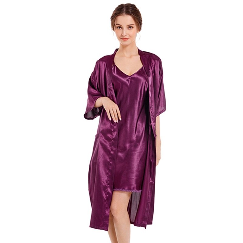 Women&#39;s Silk Satin Pajamas 2Pcs Sexy Silky Pj Robe Set with Chemise Nightgown