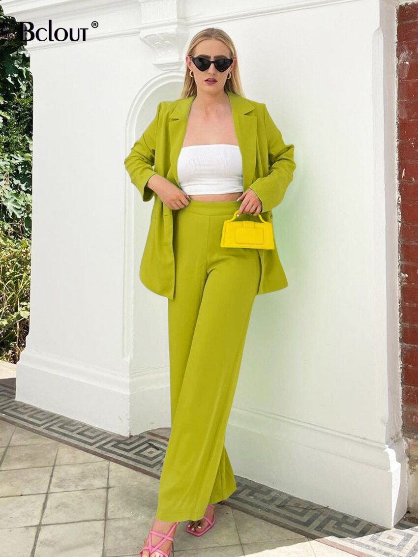 Bclout Autumn Green Pants 2 Piece Sets Womens Outfits Elegant Office Lady Long Sleeve Blazers Fashion Wide Leg Pants Suits 2022