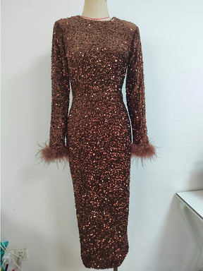 Sexy O Neck Long Sleeve Luxury Sequins Feather Long Dress Eelgant Black Long Sleeve Bodycon Midi Dress Celebrity Party Evening