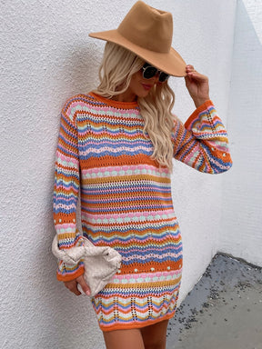 Winter New Hollow Out Dress Splicing Long Knitted Sweater Fashionable Streetwear Pullover Dresses