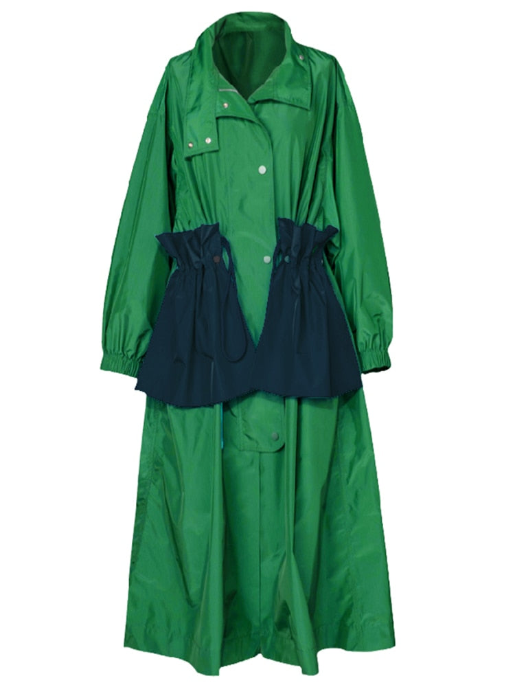 Lautaro Spring Autumn Extra Long Oversized Green Trench Coat for Women with Big Pockets Drawstring Luxury Designer Fashion