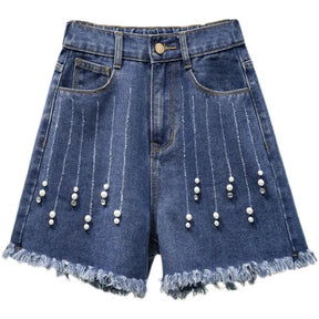 Fashion Women Denim Shorts Beaded Raw-Edge A-Line Wide-Leg