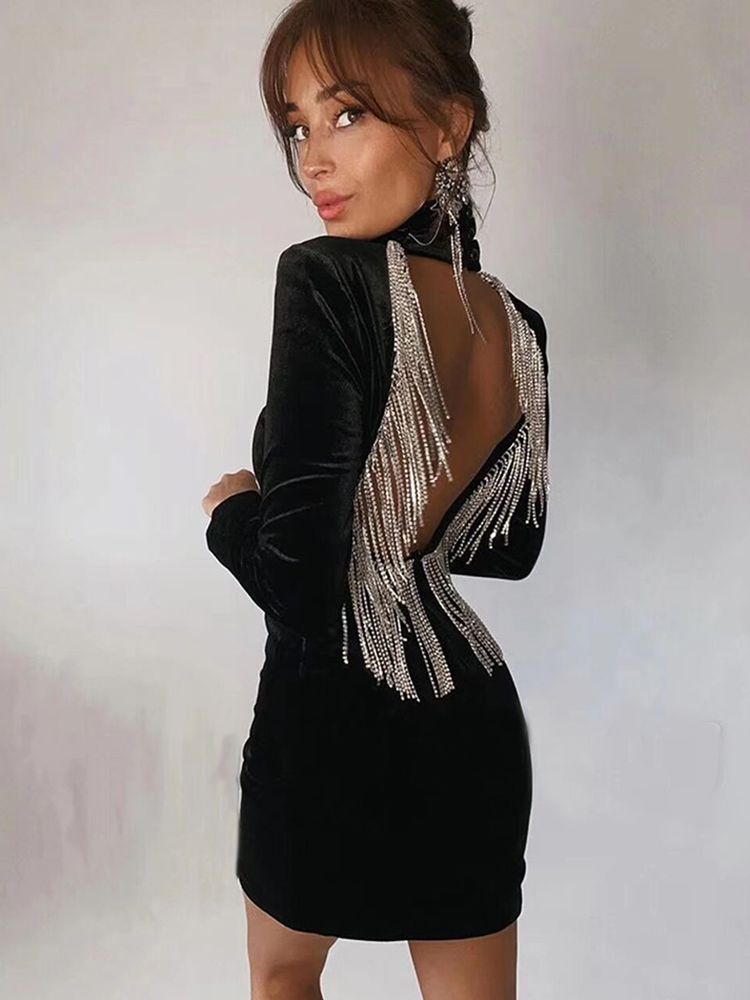 Sexy Backless Diamond Tassel Velvet Dress Women's Long Sleeve Bodycon Mini Club Celebrity Evening Party Vestidos Winter New