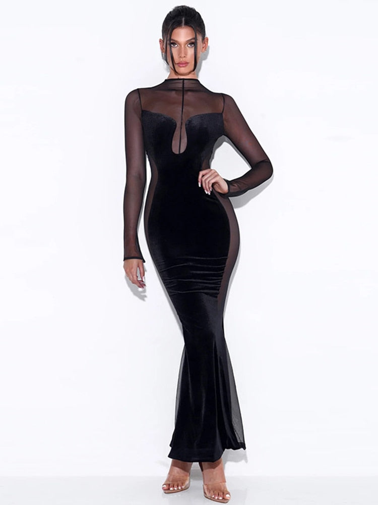 Velvet Mesh Sheer Long Sleeve Sexy Gown Maxi Dress for Women Fashion Outfits Backless Dresses Party Club Clothes