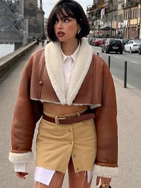 Fur Collar Leather Jacket Cardigan Women Winter Warmth Loose Long Sleeve Vintage Wild Street Casual Coat Outwear