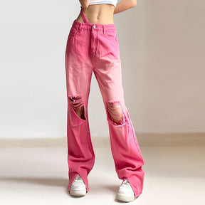 Pink Flared Jeans Womens High Waist Korean Fashion American Style Streetwear Y2k Ripped Trousers Casual Straight Wide Leg Pants