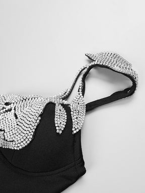 Woman Sexy V Neck Chic Crystal Design Sleeveless Bandage Short Black White Dress For Celebrity Party Wear