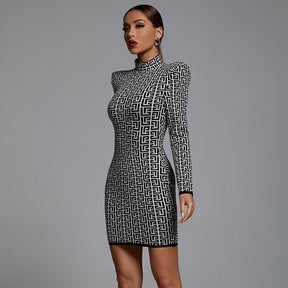 High Quality Sexy Women Long Sleeve Bandage Dress Elegant Jacquard Mini O Neck Designer Bodycon Celebrity Club Evening  Vestidos