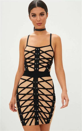 New Arrival Strap Multi Lace Up Women Bandage Dress Mini Bodycon Elastic Black Beige