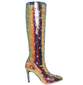 New Sexy Thin High Heel Pointed Toe Party Long Boots Sequin Siamond Mixed Color