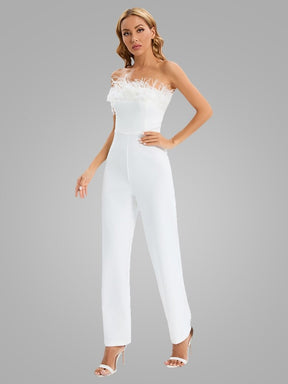 Sexy Off Shoulder Feather Slim Design Jumpsuit Fall Elegant White Tube Top White Feather Decoration Sleeveless Straight Trousers