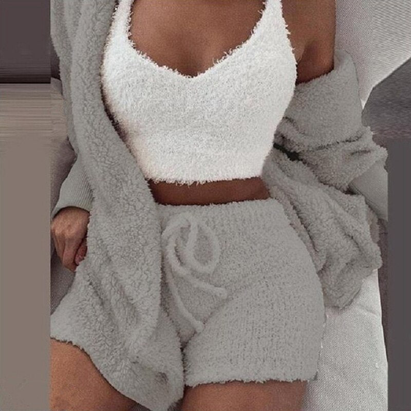 Matching Set Sexy Fluffy Plush Hooded Shorts+Crop Top+Coat 3 Pieces Suit Woman