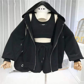 Casual Shorts Three 3 Piece Sets Women Vest Drawstring Shorts Hooded Zipper Jacket Sportswear Suits Female Solid Sports Hoodie