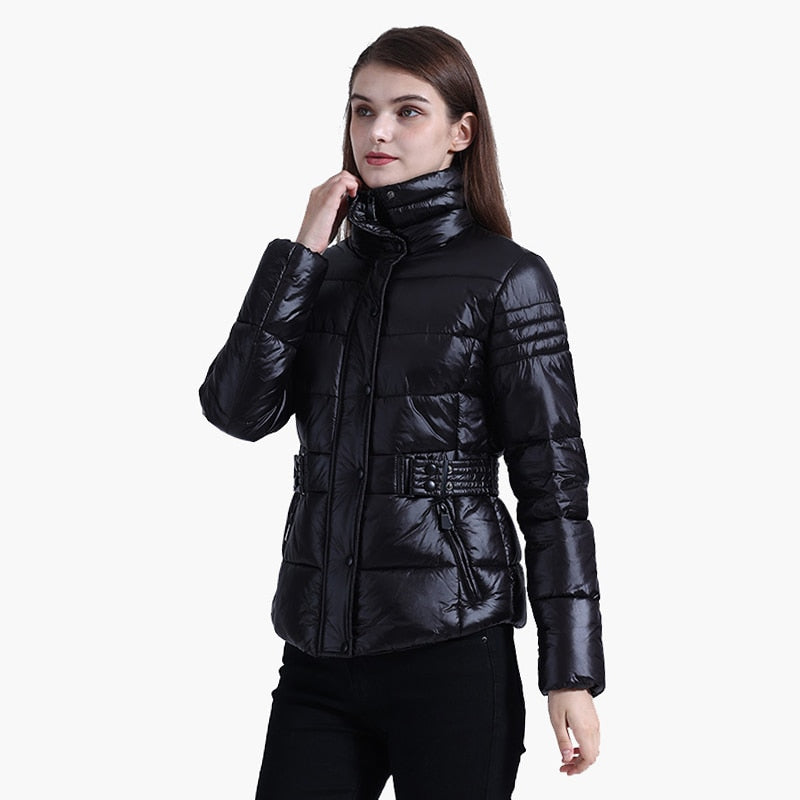 SANTELON Women Winter Short Parkas Slim Design Puffer Jackets With Belt Windproof Waterproof Warm Coats Thick Casual Outerwear