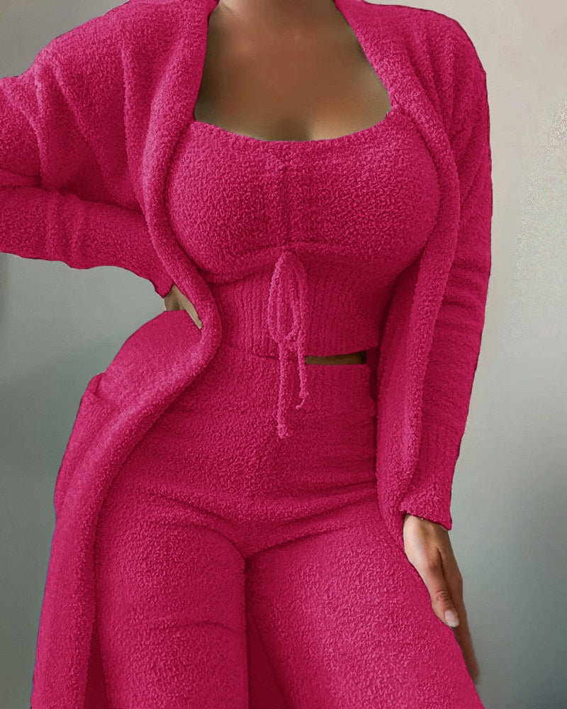 Women Sets Plush Velvet Pajama Sleepwear Tank Tops + Pants + Cardigan Coat Tracksuit Loungewear Causal Outfits