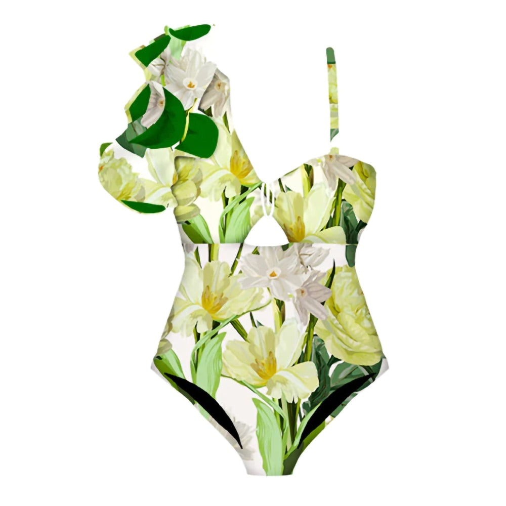 Lime Green Fashion One Shoulder Ruffle Sling Swimsuit Sexy Cutout Chic One Piece Bikini and Cover Up