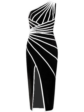 Sexy One Shoulder Striped Stitching Midi Bandage Dress Women black Khaki Patchwork Slim Dress Runway Evening Club Outfits