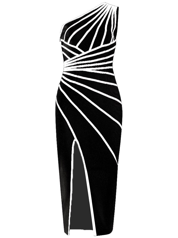 Sexy One Shoulder Striped Stitching Midi Bandage Dress Women black Khaki Patchwork Slim Dress Runway Evening Club Outfits