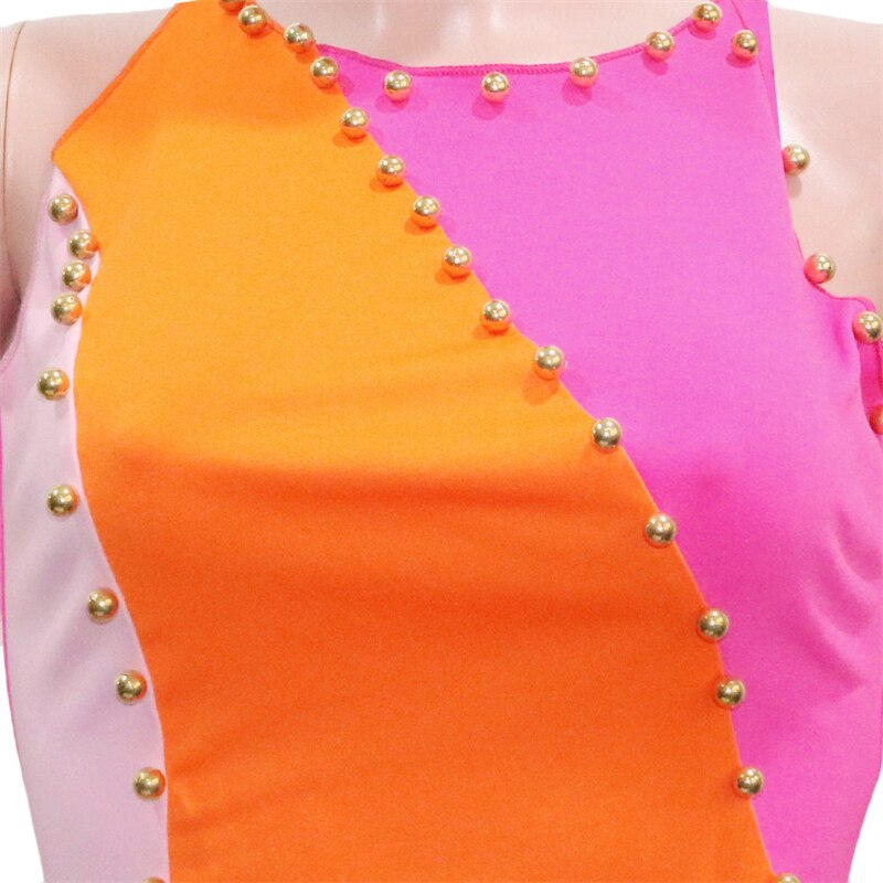 Color Patchwork Beaded Two Piece Set Dress Women Sleeveless Vest Crop Top Asymmetrical Mini Skirt Fashion Streetwear