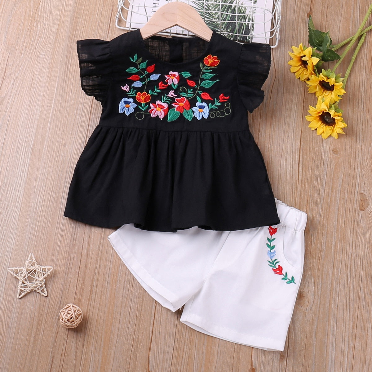 Girl Set Summer Black  Shorts Embroidered Flower Casual Suit Baby Girl Clothes