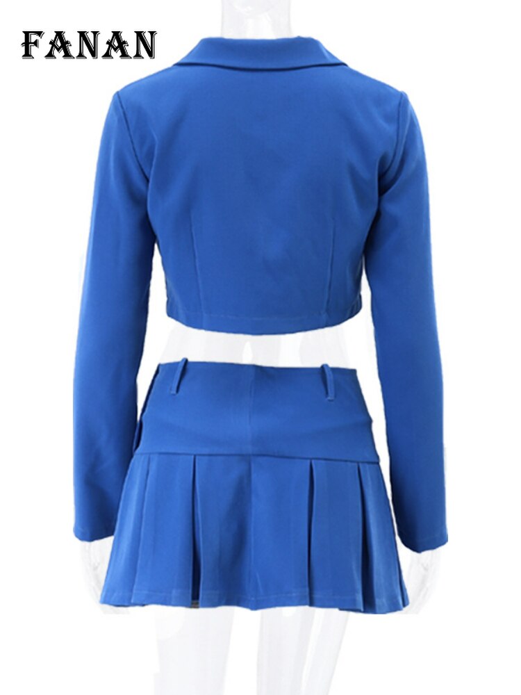 Pleated Skirt Sets for Women Fashion Blue Long Sleeve Blazer Jacket and Mini Skirt Outfit Autumn Winter Y2K Sexy Two Piece Set