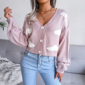 Casual Knitted Sweater Oversize White Cloud Printing Long Cardigan Women Fashion Clothing Streetwear