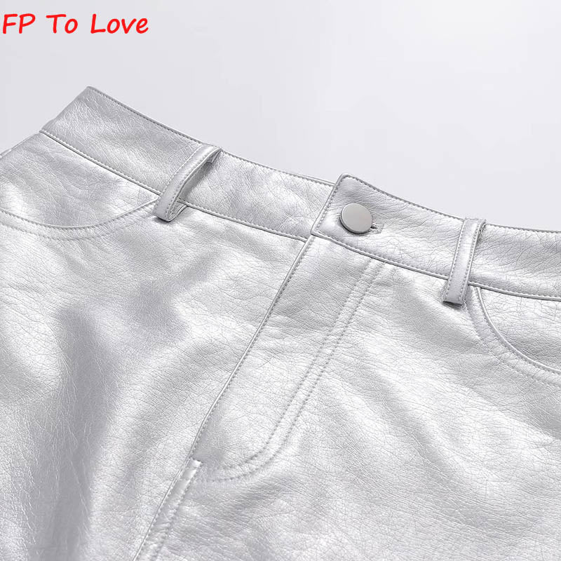 FP To Love French Silver PU Mini Skirts Sexy High Waist Hip Skirt Chic Retro Short A-Line