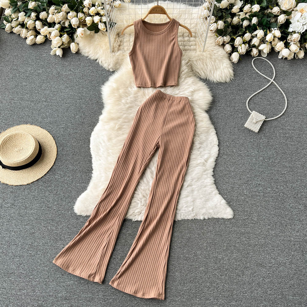 Women Two Pieces Set Sexy Sleeveless Tank Top Vintage Top and High Waist Wide Leg Pants Fashion Sets Casual Summer Femme Clothes