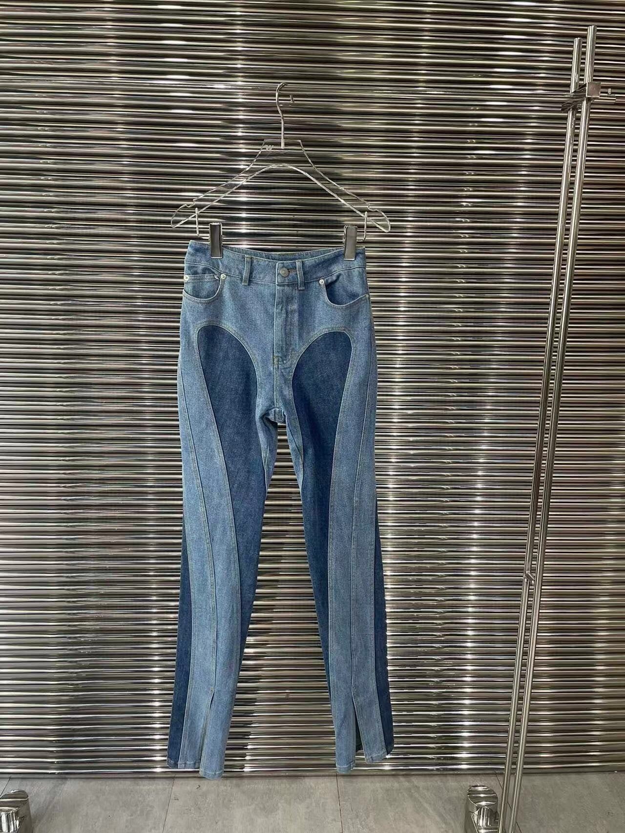 KlasonBell Fashion Split Hem Patchwork Contrast Color Slim Flared Jeans