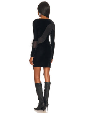Black Dress Women Winter Long Sleeve Chic Feathers Design Mesh Splicing Mini Dress Vestido