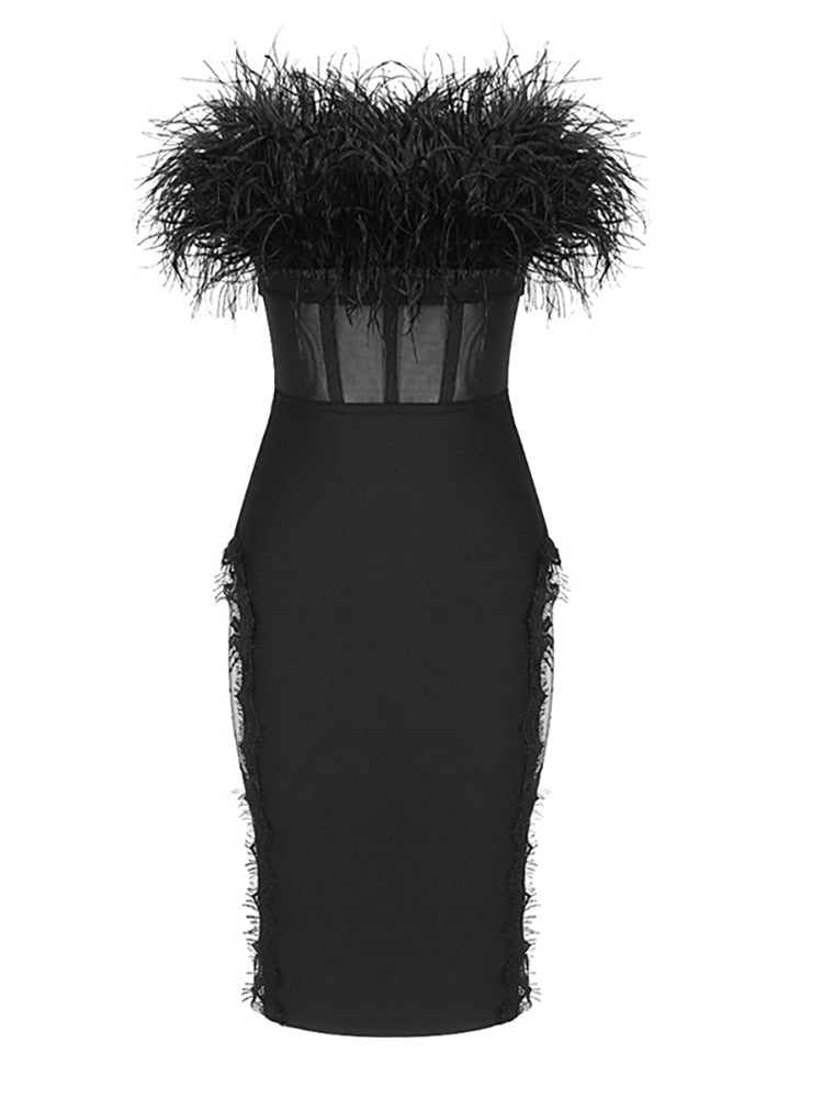 Sexy Off Shoulder Feather Bodycon Lace Bandage Dress Black Strapless Designer Mini Dress Fashion Elegant Celebrity Evening Party
