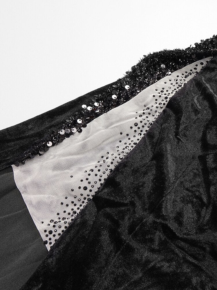 Sexy Slash Neck High Slit Dress Fashion Chic Sequins Black Velvet Elegant Women Long Evening Party Dress 2022