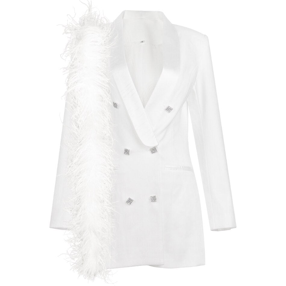 White Satin Lapel Collar Double Breasted Blazer Dress With Rhinestone Insert Crystal Button And Faux Front Pockets
