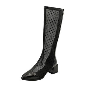 Boots Patent Leather Knee High Boots Sexy Hollow Breathable Mesh Boots Fashion Zipper Thick High Heel Shoes