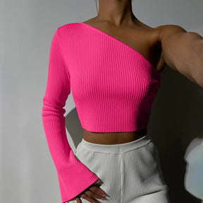 Sexy One Shoulder Top 2022 Autumn Winter Fashion Flare Sleeve Solid Crop Top Women Casual Basic Slim Long Sleeve T-shirt Pink