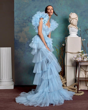 Fairy Sky Blue Ruffled Tulle Long Prom Dresses Straight Tulle Robe Fashion Prom Gowns Custom Made Tutu Formal Party Dress